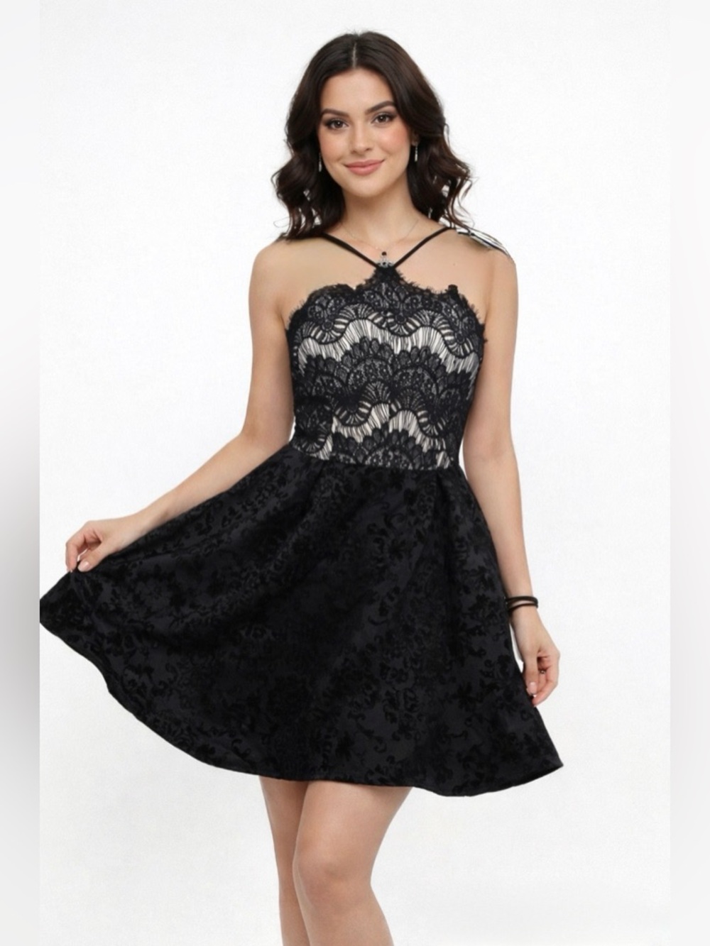 Black Lace Fit & Flare Dress | Velvet Skirt | Homecoming Prom Party
